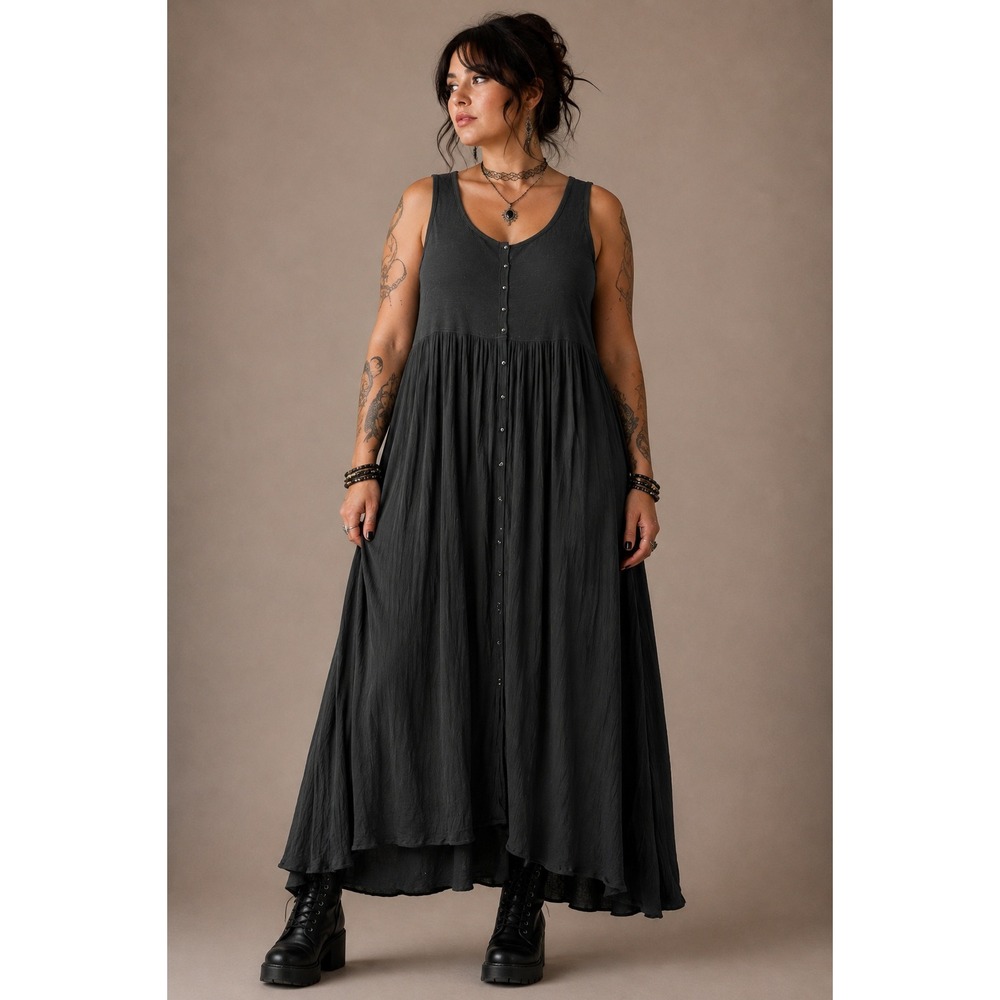 Whimsigoth Dark Cottagecore Black Maxi Dress L Frye Button Front Sleeveless C44